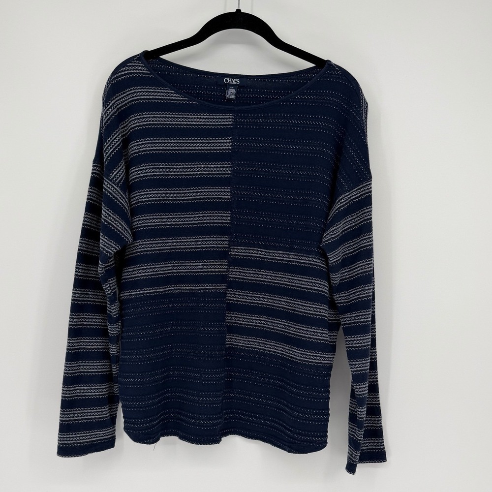 Ralph Lauren Chaps Navy Blue Embroidered Stripe Cotton Boat Neck Long Sleeve Top